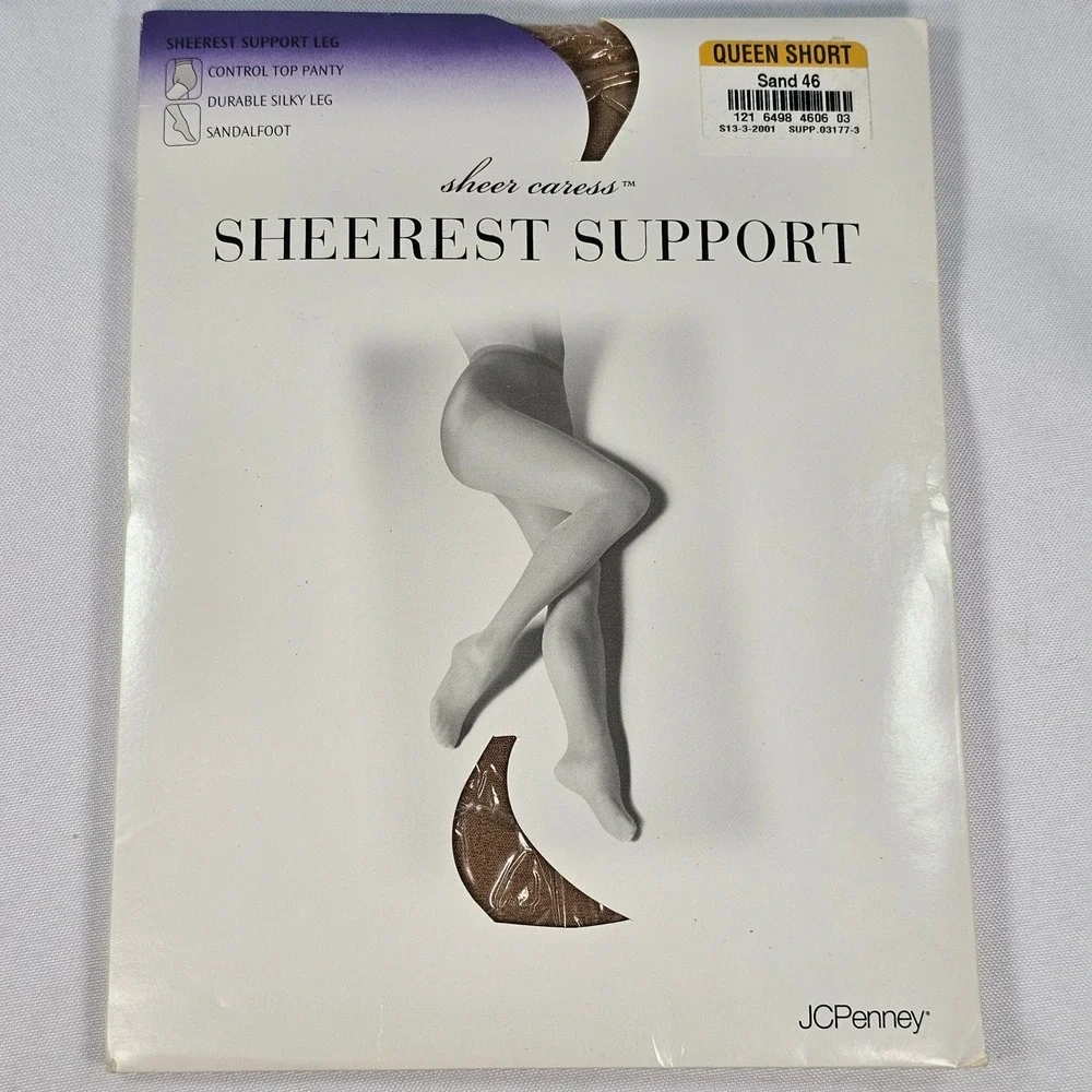Vintage Sheer Caress Sheerest Support Queen Short Sand 46 Pantyhose Control Top